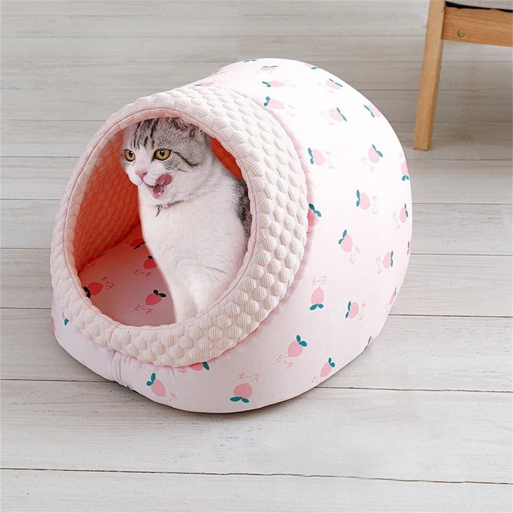 

Enclosed Cat Nest Summer Pets Sleeping Cave House Cooling Cozy Kitten Puppy Kennel Removable Mat Ice Silk Cooling Small Dogs Bed