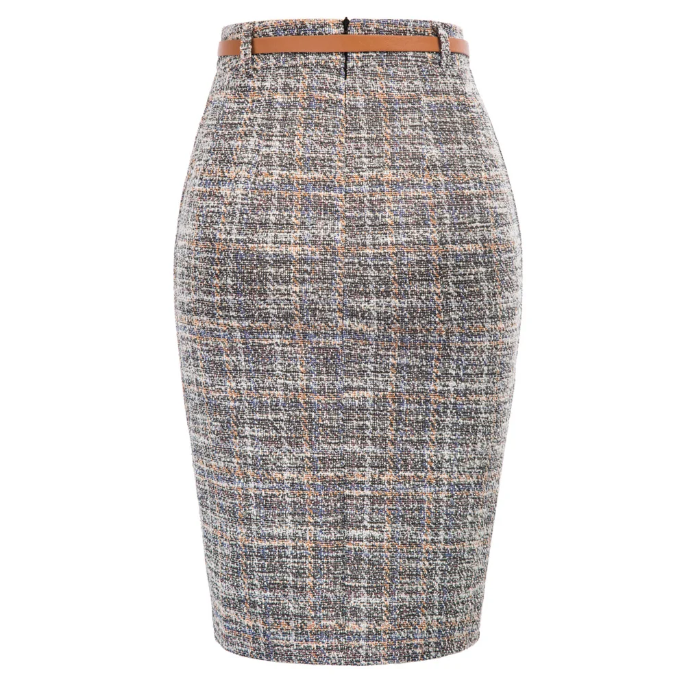 KK Women Bodycon Skirt Fashion Tweed Latticed Printed With Belt High Waist Knee Length Slit Front Work Office Lady Skirts yizun spb 5v type spb3238 3700mm hard wire rubber drive pitch length girth industrial transmission agricultural machinery v belt