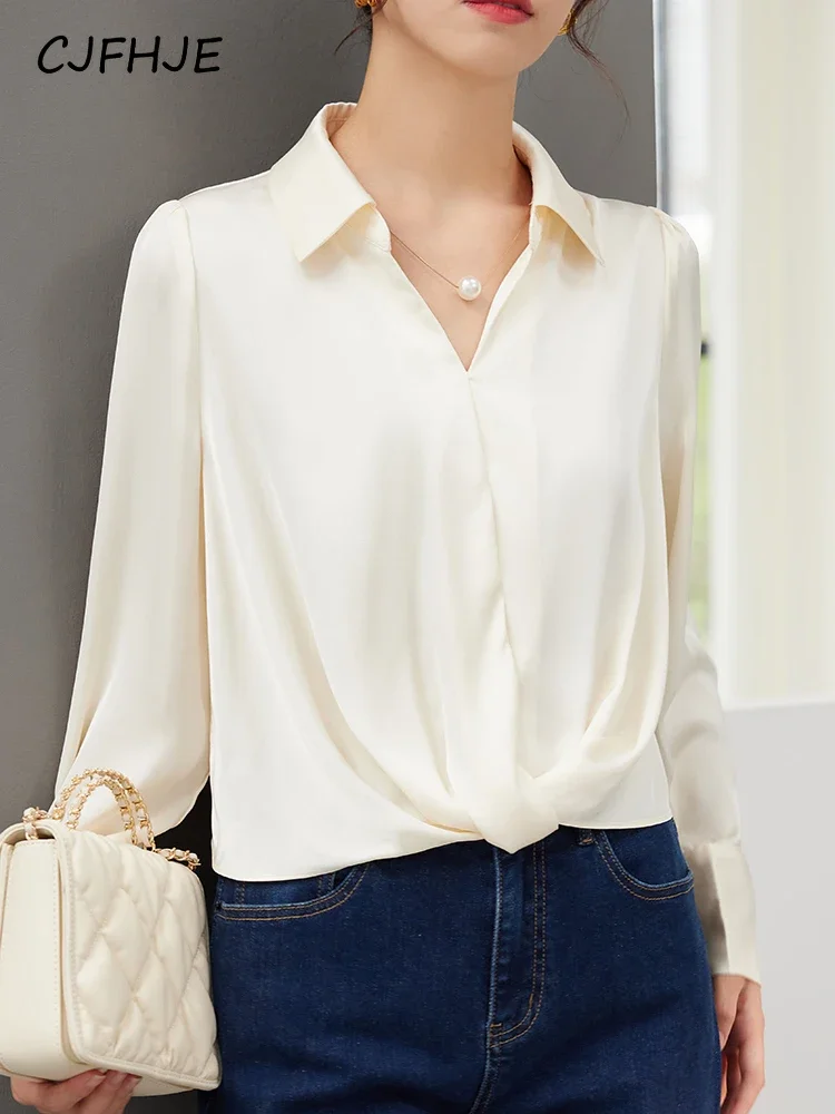

CJFHJE Elegant Elastic Waist Long Sleeve Chiffon Short Office Lady Shirt Casual Turn-Down Collar Necklace Bussiness Women Blouse