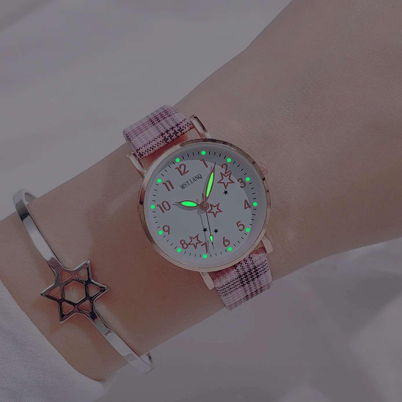 

Sdotter Lattice Strap Ladies Watch Cute Star Pattern Women Wristwatch Luminous Students Girls Watches Set Gift Fashion relogio f