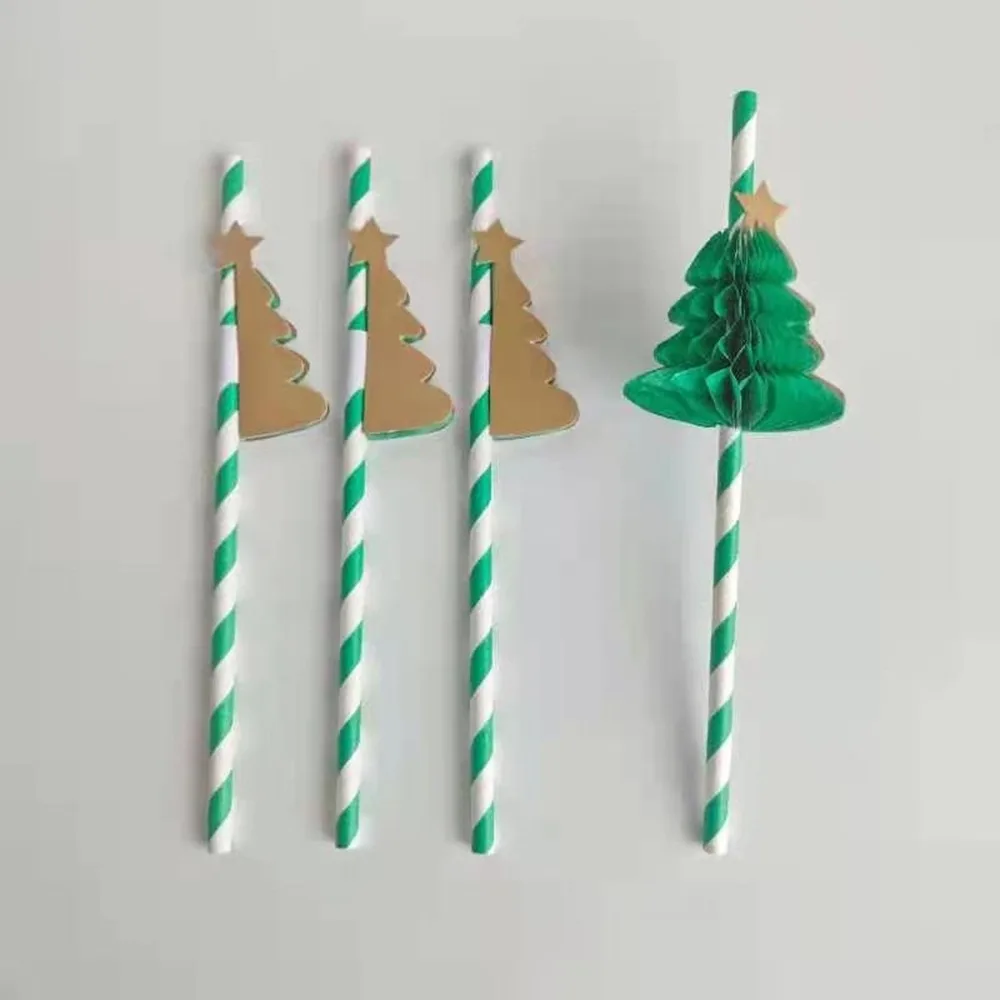 10/50 Pcs 3D Christmas Tree Party Decoration Green Disposable Paper Straws for Christmas Party