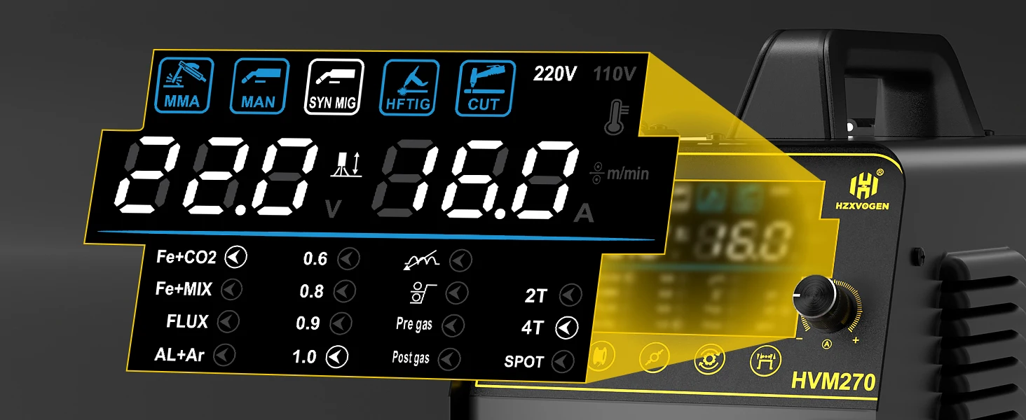 HZXVOGEN Schweißgerät Cut/Gas MIG/Gasless MIG/HF WIG/MMA Digitalbildschirm 6-in-1-Edelstahl HVM270 Aluminium 2T 4T Inverter-Schweißgerät – Detail 10