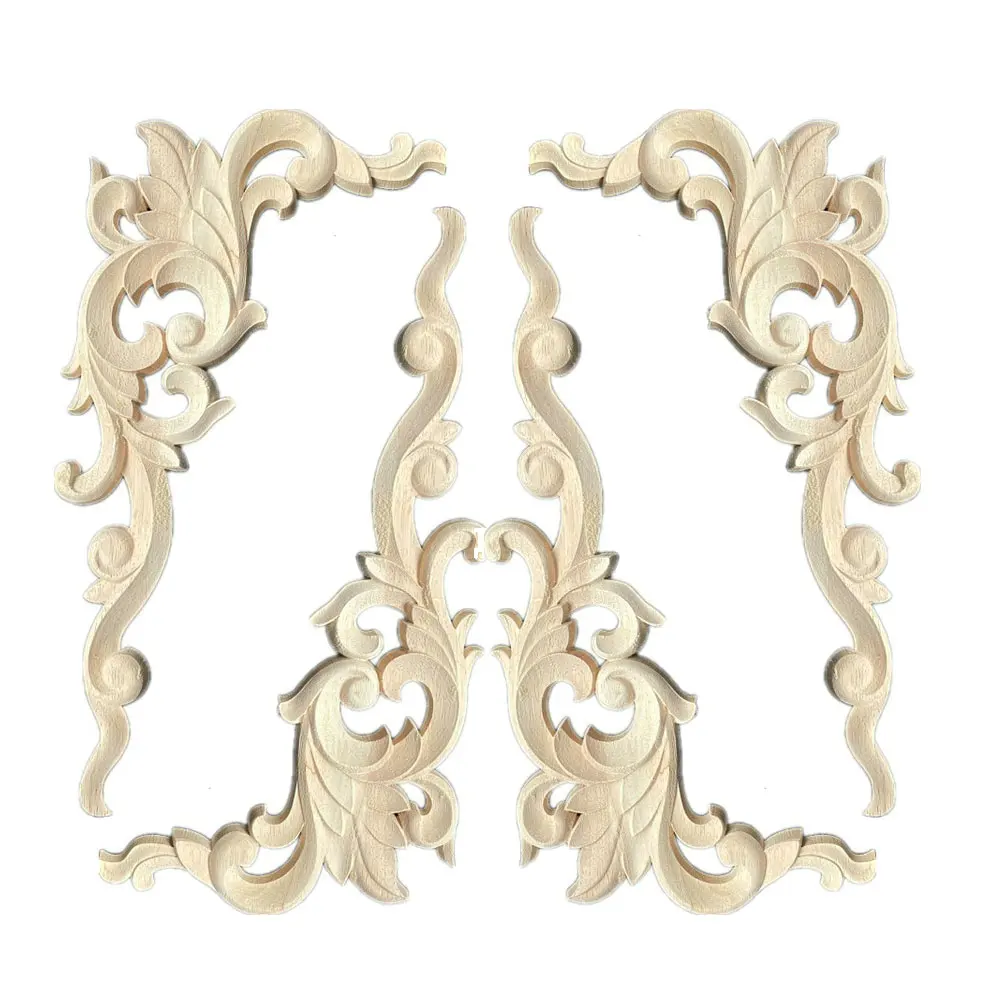 4PCS 33cm Woodcarving Decal Corner Applique Frame Door Decorate Wall Doors Furniture Decorative Figurines Wooden Miniatures
