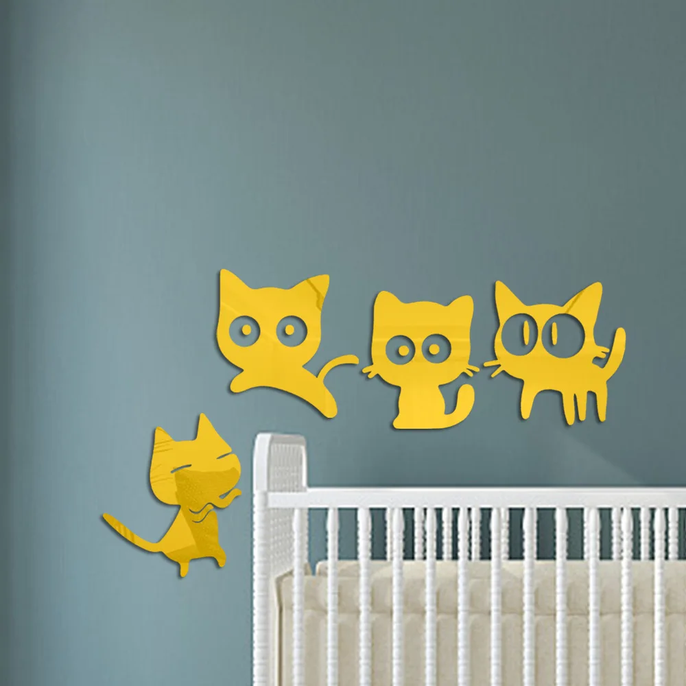 Cute kitten acrylic wall decoration mirror wall paste children's room self-adhesive decoration decorations living room