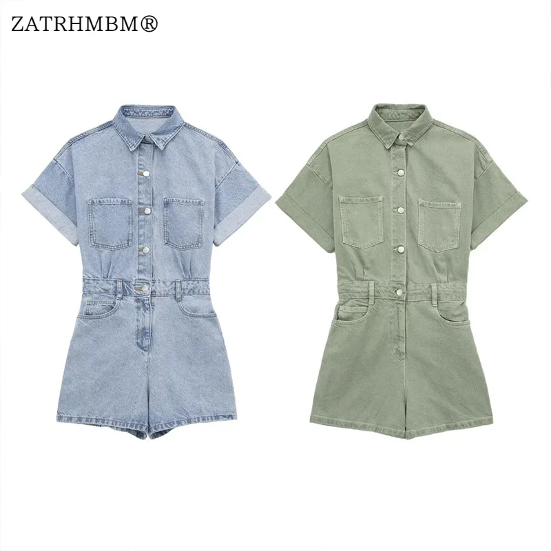 

ZATRHMBM Woman 2023 Summer Fashion With Pocket Denim Jumpsuit Vintage Short Sleeve Button Up Female Short Jumpsuits Mujer