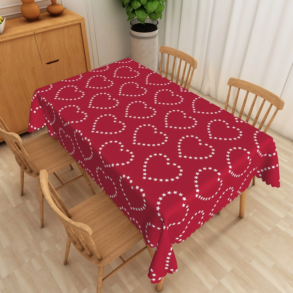 Valentines Day Tablecloth Waterproof Pink Red Heart Pattern Romantic Dinner Date Washable Kitchen Table Cover Wedding Decoration
