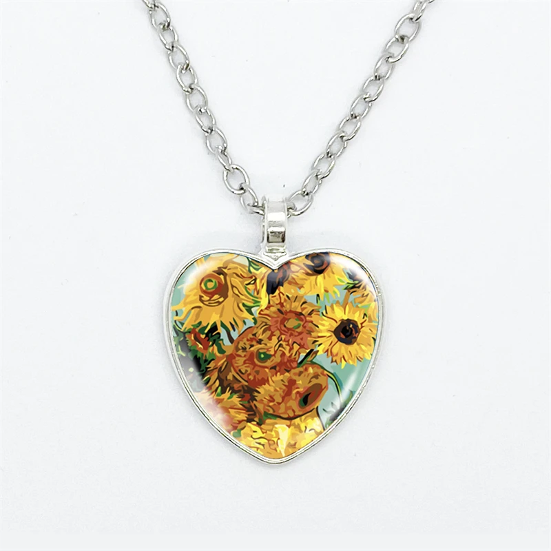 Fashion Van Gogh Art Starry Night Sunflower Necklace Glass Cabochon Painting Heart Pendant Printed Photo Necklaces 2