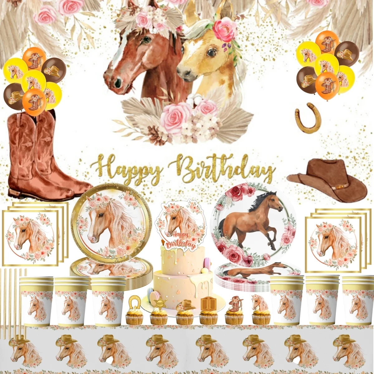 

Farm Animal Horse Birthday Party Decorations Tableware Balloon Banner Tablecloth Baby Shower Backdrop Kids Favor Party Supplies