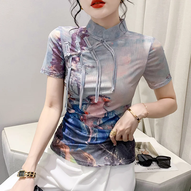 여성용 스탠드 칼라 빈티지 스키니 메쉬 얇은 티셔츠 버튼, 3D 프린트 티셔츠, 섹시한 짧은 여성 티셔츠, 여름