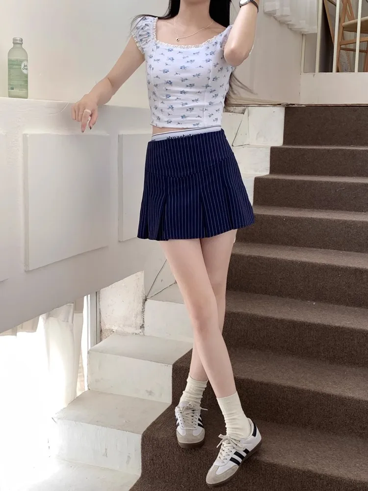 ADAgirl American Retro Stripe Mini Skirt Fake Two Pieces Patchwork High Waist Hip Wrap Skirt for Women Summer A-line Skirt New