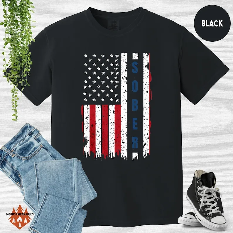 

Sober American Flag Tee, Distressed Patriotic Design, Comfort Colors®