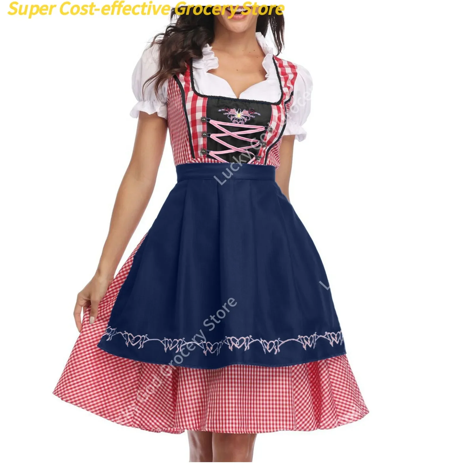 Oktoberfest Plaid Dirndl Dress Lady German Bavarian Beer Wench Waitress Apron Costumes Halloween Cosplay Carnival Party Dresses 1