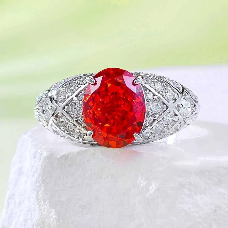 

New Jewelry S925 Silver 7 * 9 Oval Sunset Orange High Carbon Diamond Ring Simulation Diamond Ringfor Women in Europe and America