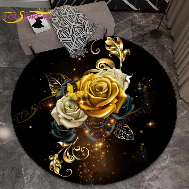 3DRedRoseRoundRugGoldRosePatternAreaRugGoldRoseRound