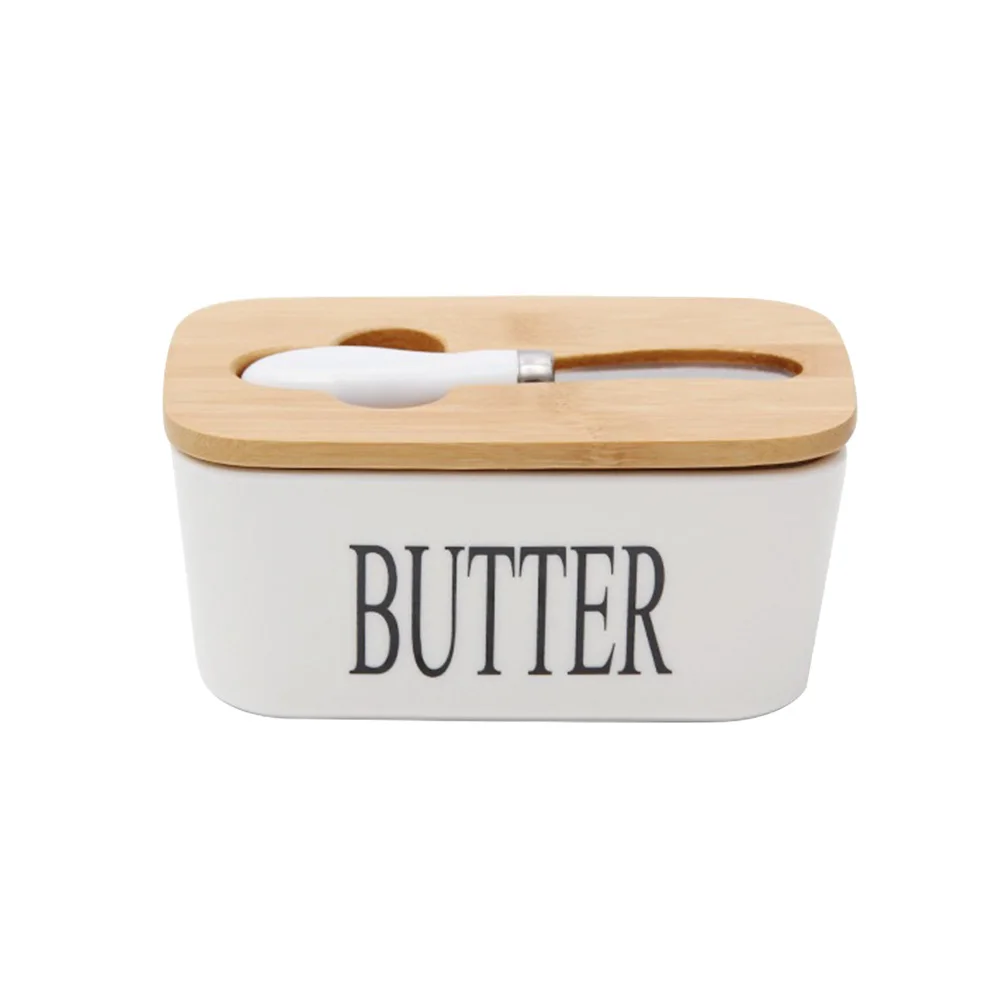 Nordic Butter Sealing Box Cheese Ceramic Storage Tray Sealing With Wood Lid Butter Box Dish