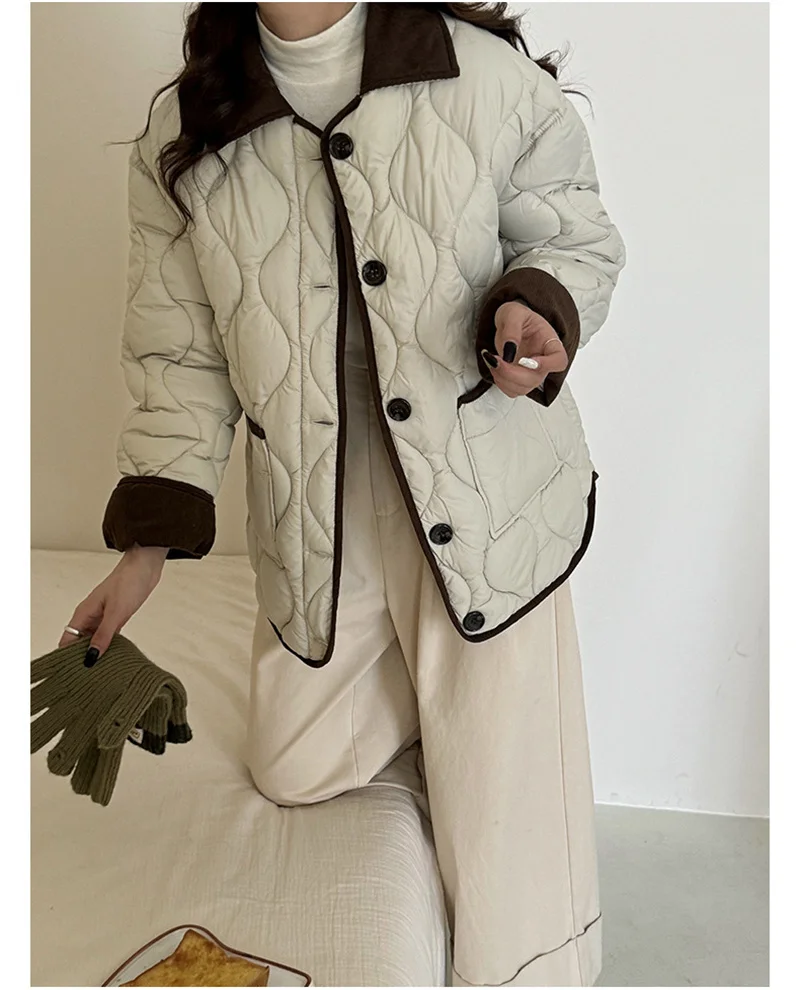 Short Down Cotton Jacket Women 2025 New Contrasting Color Lapel Diamond Grid Lightweight Loose Cotton Clothes Female Outerwear