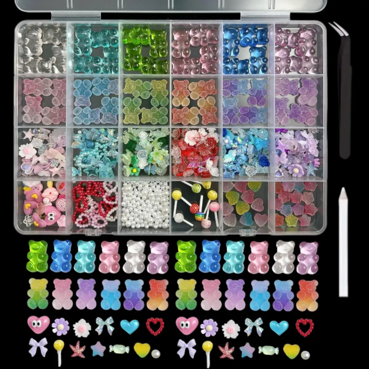 1Box Multi-Style Colorful Resin Bear Bow Flower Nail Charms Alloy Butterfly Cherry Simulated Pearl Nail Art Accessories for DIY 5