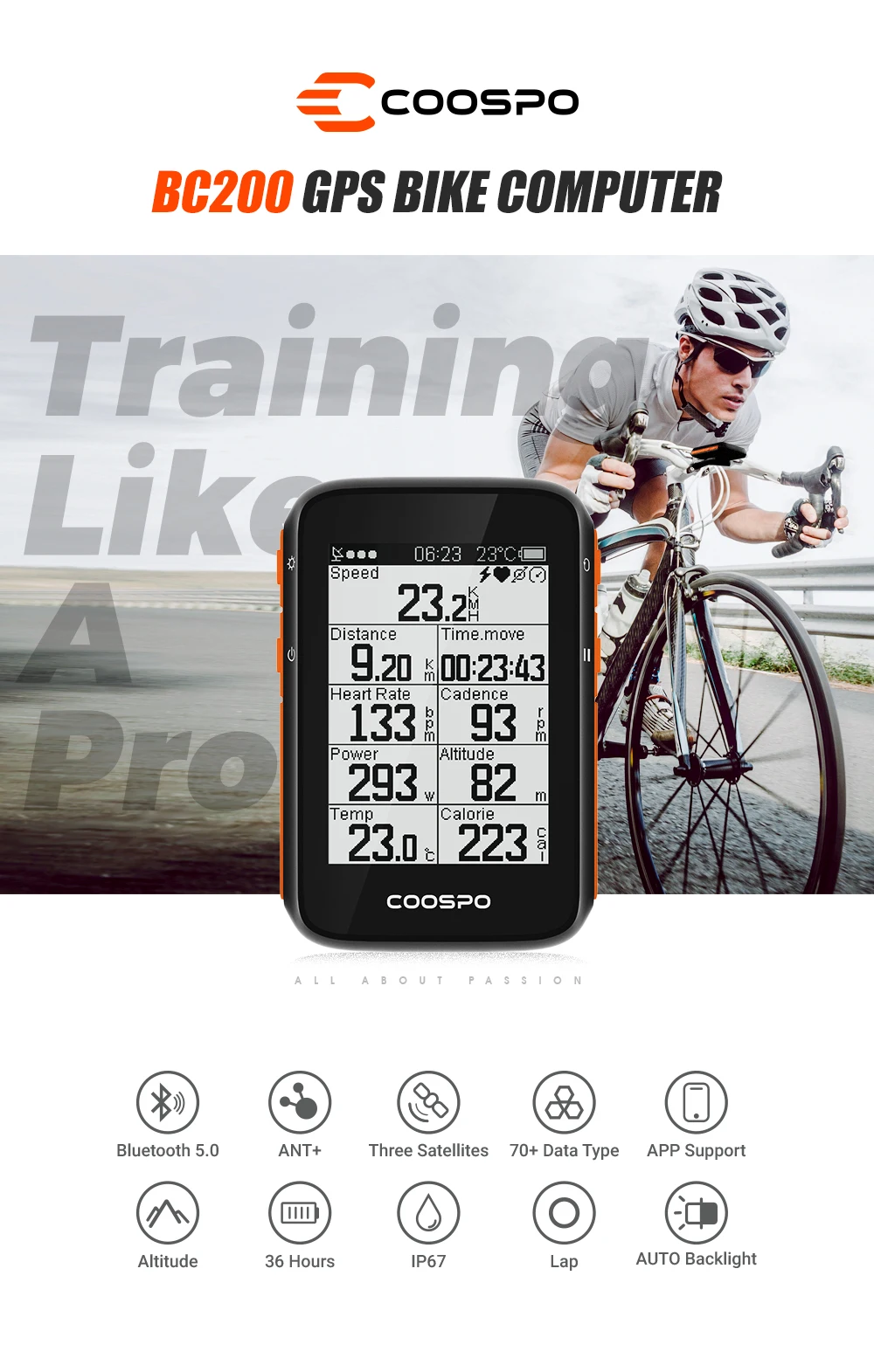 COOSPO BC200 Drahtloser Fahrradcomputer GPS-Fahrradtacho Radfahren Kilometerzähler 2,6 Zoll Bluetooth5.0 ANT+ APP Sync Slope Höhe – Detail 1