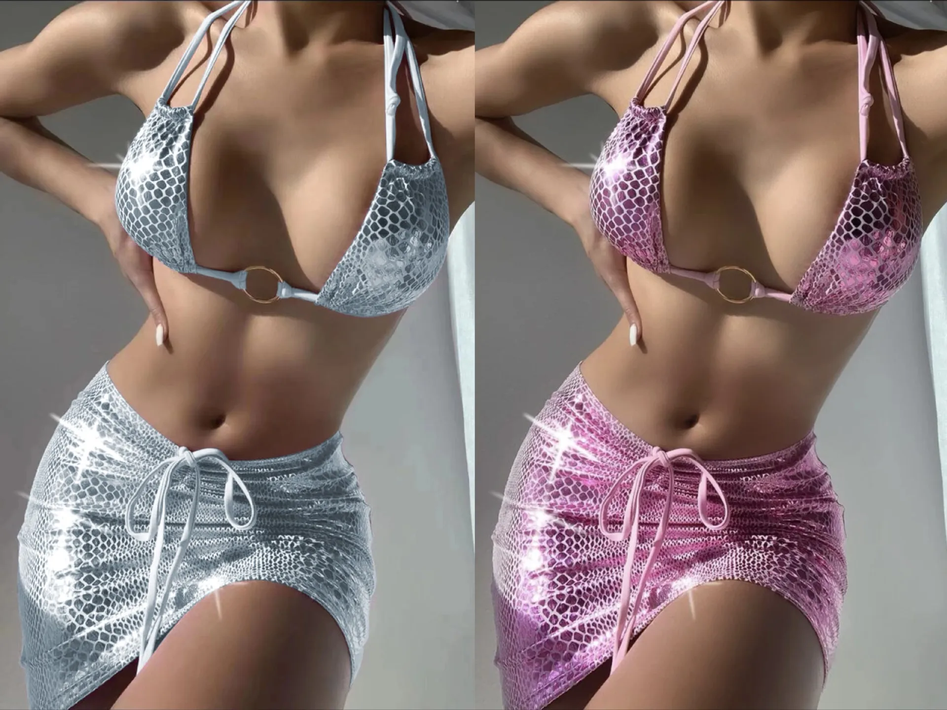 

New Serpentine Three-piece Swimsuit Women Metal Chain Knot Lace Up Sexy Bra Thong Bikini 2024 New Beach Bathing Suit Swimwear