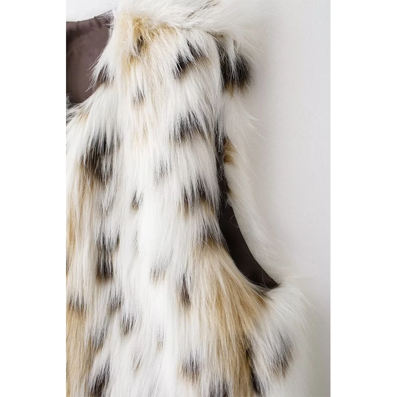 TRAF Women's Warm Faux Fur Vests Coats Fashion O Neck Sleeveless Vests Female Outerwear Chic Tops