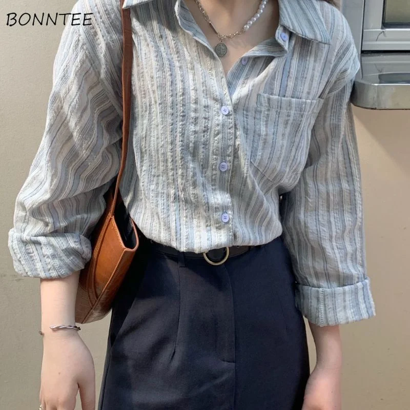 

Shirts Women Striped Pockets Simple Korean Leisure Sun Protection Elegant Office Ladies Spring Fashion All-match Tender Cozy New