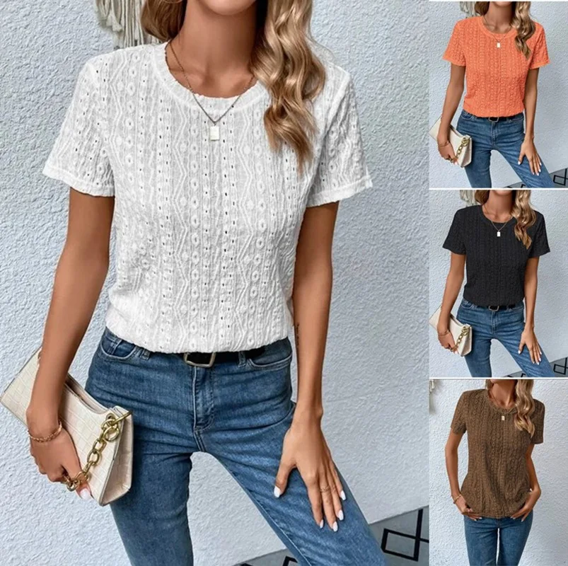 

2024 Summer Women White Short Sleeve Blouse O Neck Casual Solid Basic Hollow Out Office Lady Pullover Shirt Top Tee Camisa Mujer