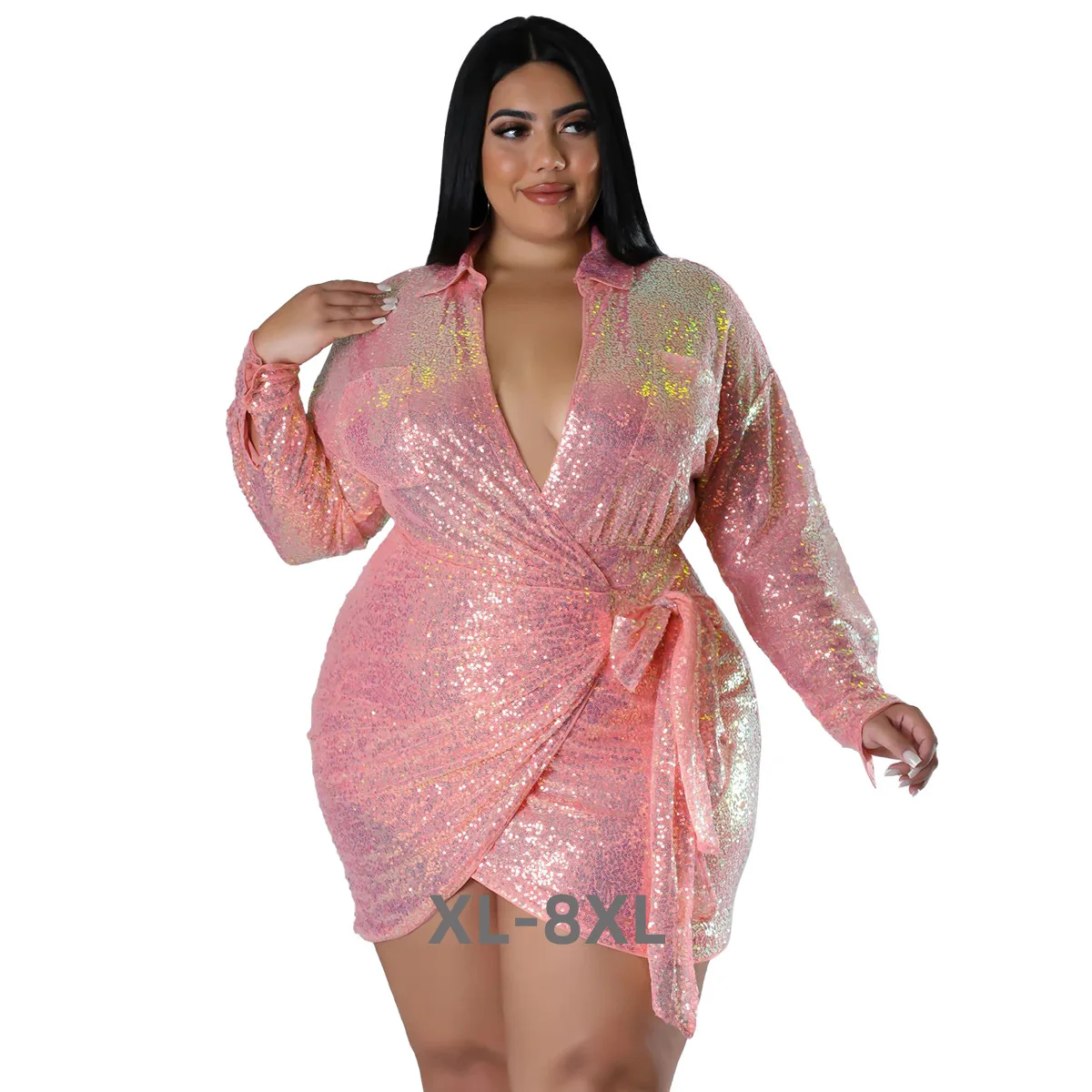 

Plus Size Elegant Sexy Evening Sequined Nightclub Long-sleeved Strappy Dress for Women Female 3xl 4xl 5xl 6xl