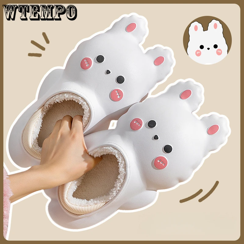 

WTEMPO Women Cute Fluffy Winter Warm Shoes Lovely House Slippers Rabbit Family Waterproof Plush Shoes Winter Warm Kid Flat Shoes