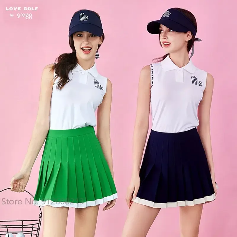 Love Golf Ladies Sleeveless Golf Polo Shirt Breathable Anti-sweat Tank Tops Korean Slim Pleated Skirt High-waist Golf Skort Set