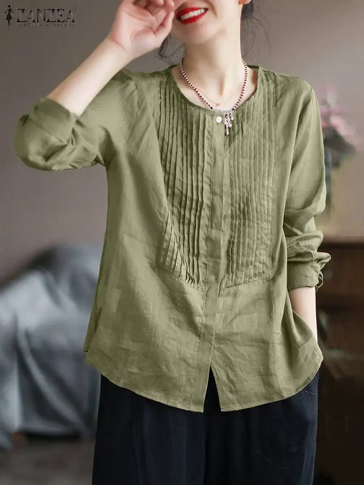 

Винтажная Женская плиссированная блузка ZANZEA, модные однотонные Топы с длинным рукавом, осенняя элегантная хлопковая рубашка, повседневные рабочие праздничные Блузы с круглым вырезом