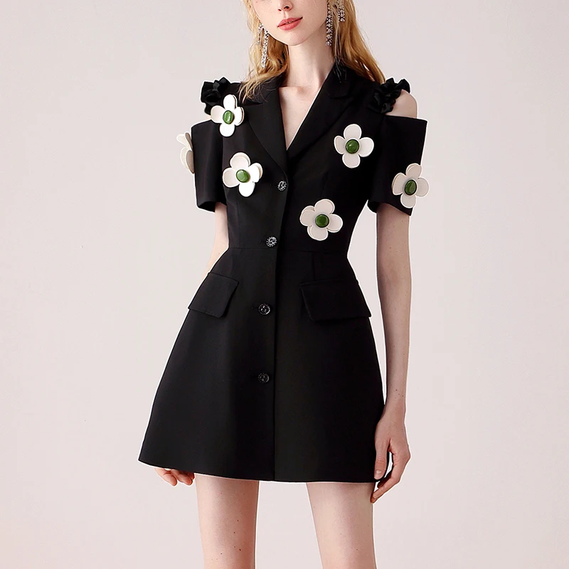 

Vintage Temperament 3D Flowers Notched Collar Blazer Dress For Women Sexy Off Shoulder Elegant Slim Office Mini Dress Clothes