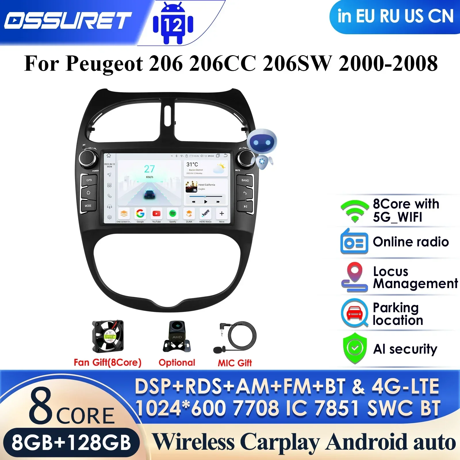 

For Peugeot 206 206CC 206SW 2000-2008 Car Radio Multimedia Video Player Navigation GPS 2din Android 12 Autoradio Carplay Auto 4G