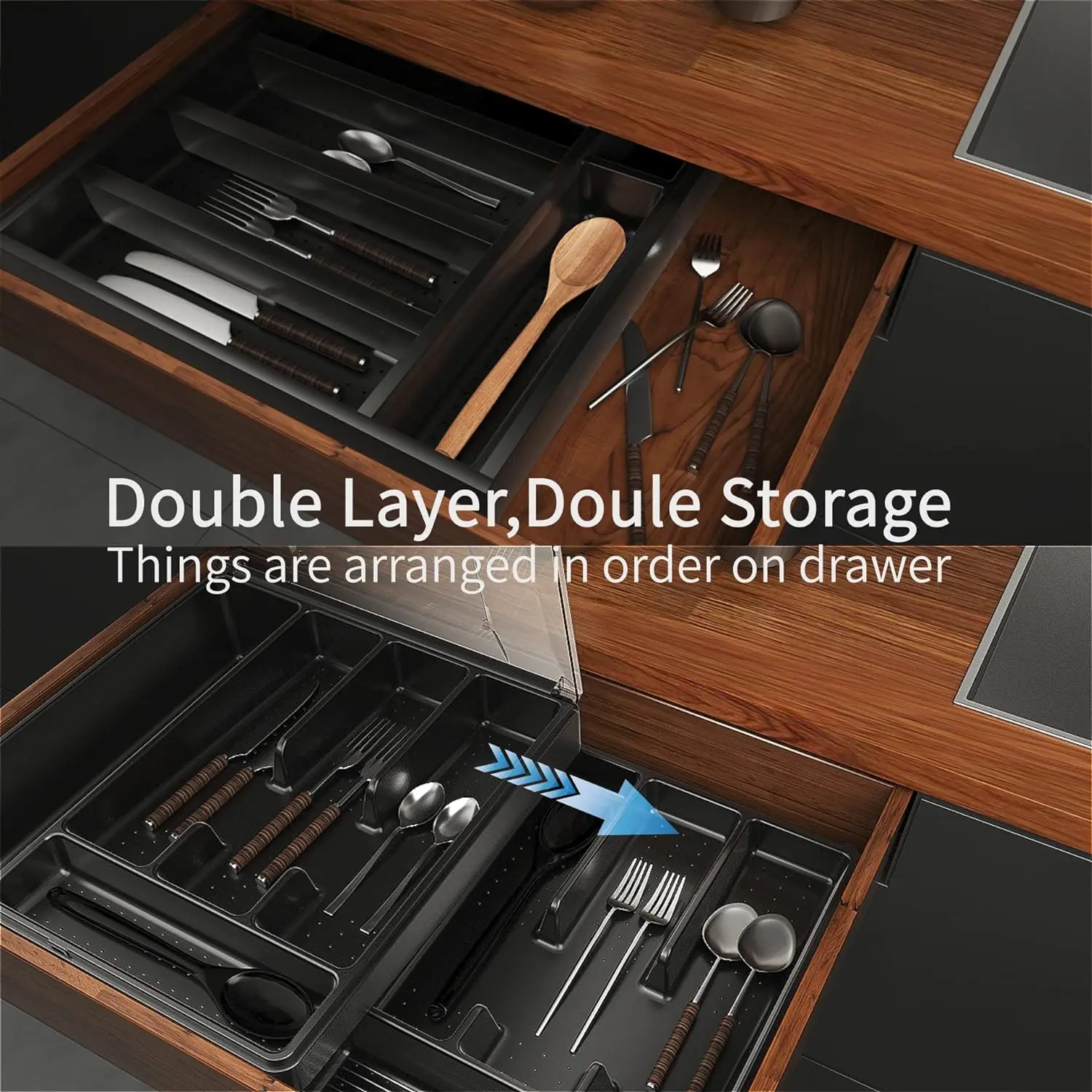 Double silver tray with lid, cutlery tray drawer organizer, cutlery storage rack with lid, black
