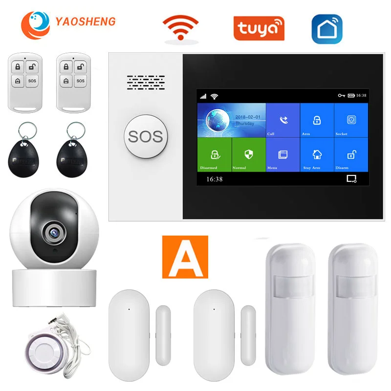 YS PG107 Tuya Security Alarm System Kit Smartlife App Control With Ip Camera Auto Dial Motion Detector WIFI Gsm Home Smart Alarm ring keypad red light Alarms & Sensors