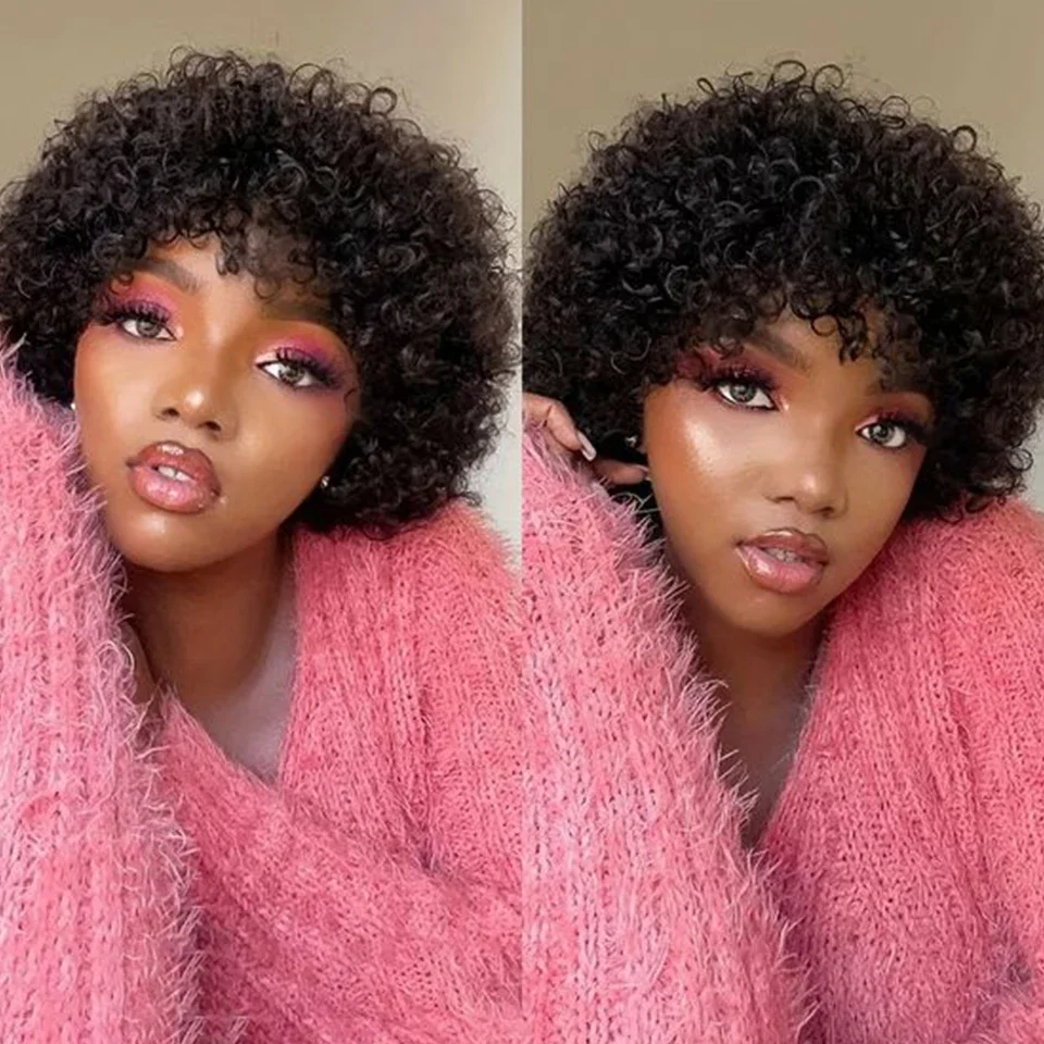 Parrucca Bob Ricci Corti Effetto Pixie Morbido, Realizzata a Macchina, Capelli Umani con Frangia, Stile Voluminoso, 100% Capelli Veri, Senza Colla, Senza Pizzo, Per Uso Quotidiano - immagine 6