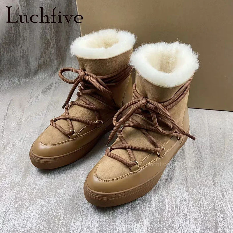

Luchfive Winter New Brand Suede Inside Fur Snow Boots Lace Up Round Toe Thick Sole Boots Casual Ankle Warm Boots Women
