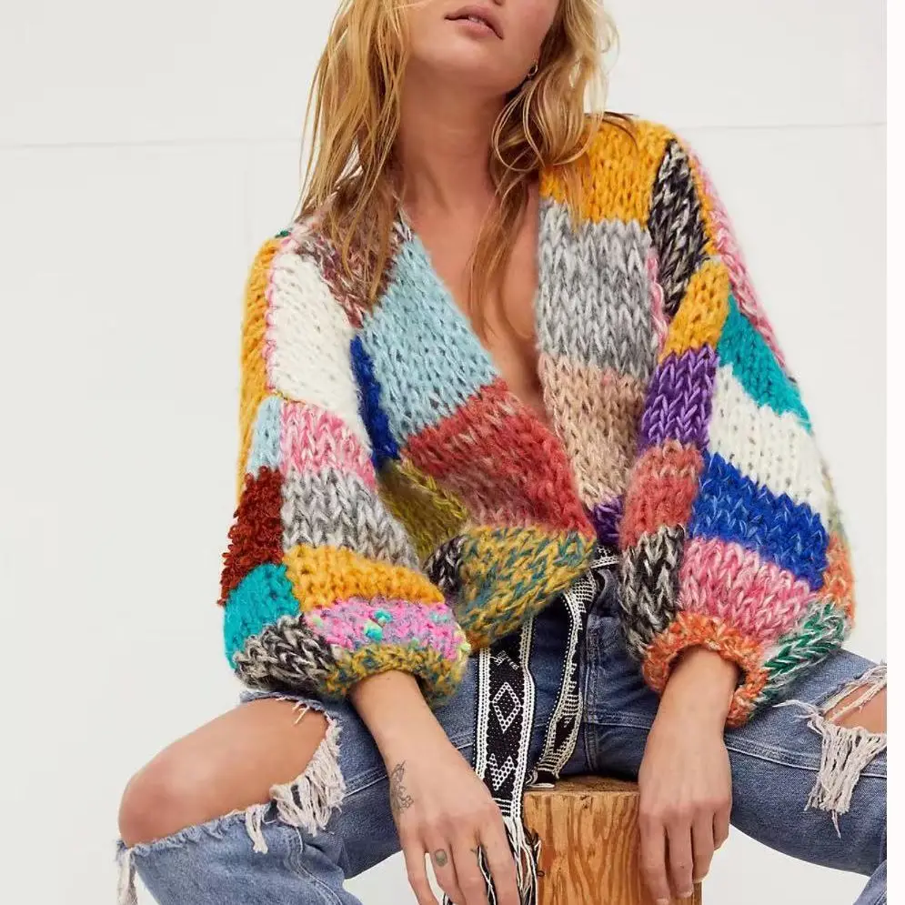 

AYUALIN Vintage Knitted Oversize Coats Loose Sweater Warm Winter Boho Outwears Vintage Rainbow Plaid Cardigan Sweaters for Women