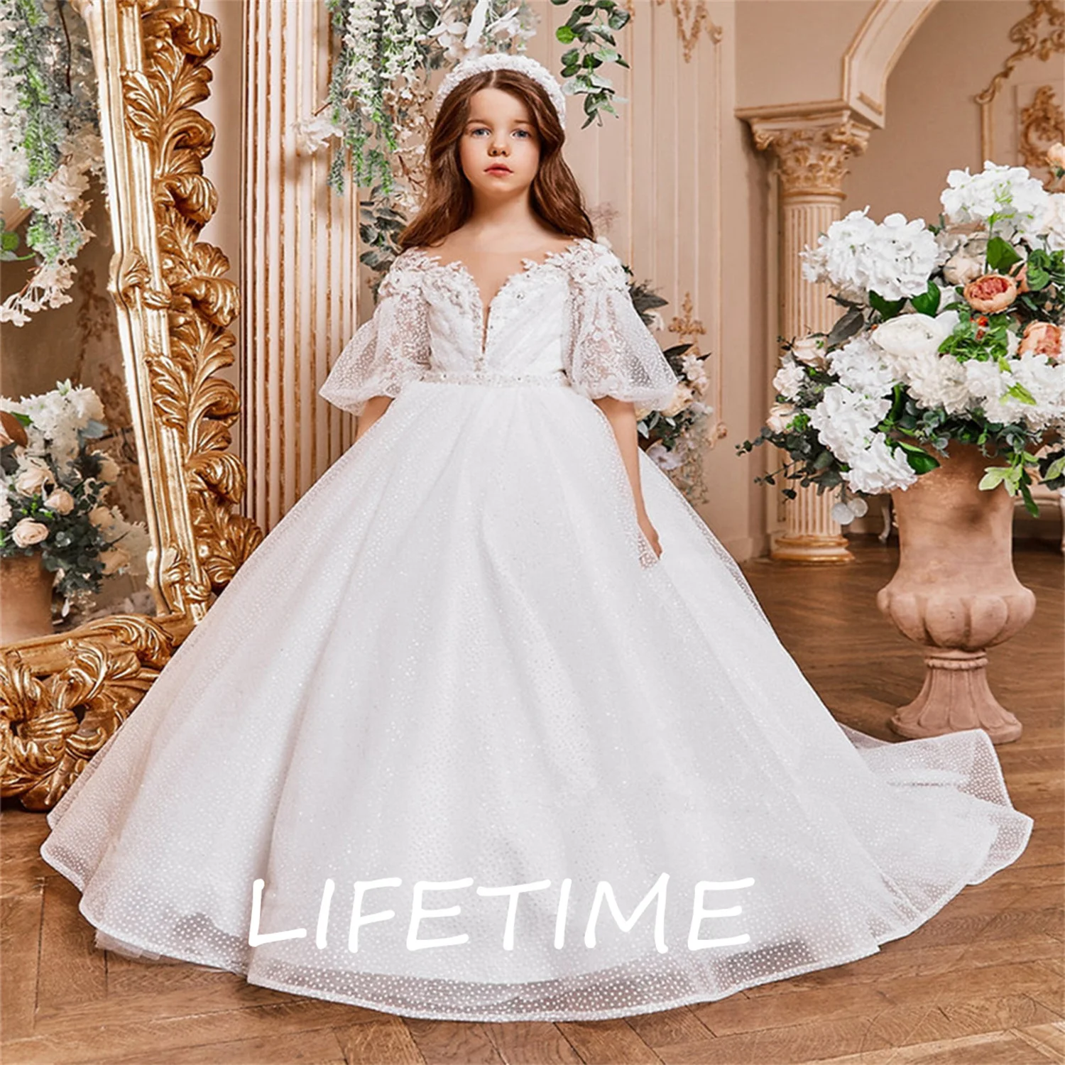 

A+A+Glitter Ivory Flower Girl Dresses For Wedding Kids Birthday Pageant Gowns With Children First Communion Dresses