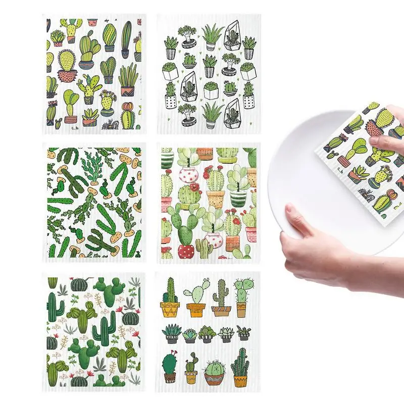 귀여운 선인장 행주 목재 펄프 행주 6 개, 고흡수성 행주 핸드 타올, 주방 청소 천 