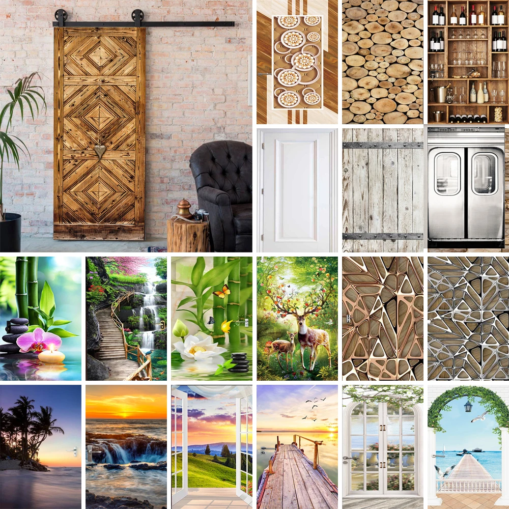 

Multi Style 3D Door Sticker Mural Self Adhesive Waterproof Imitation Wood Grain Seaside Scenery Forest Door Wrap Cover Wallpaper
