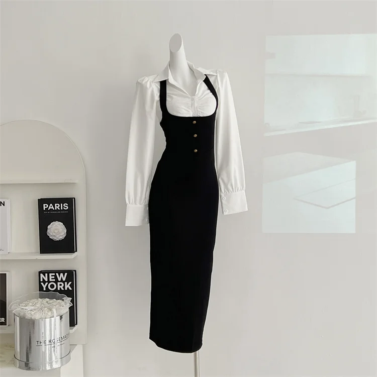 Y2K 3-piece Set Women Crop Coat Blazer White Shirt Halter Sleeveless Bodycon Midi Dress Autumn New Female Korean Chic Outfits