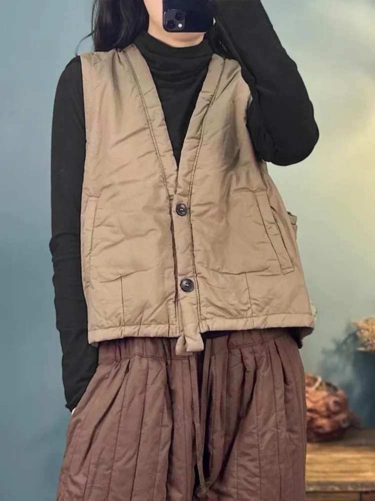 Women's V-ne Cotton Linen Vest ort Svel Jaet National Sle Button ket Pure Color Commute Winter Faion