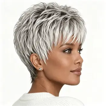 Parrucca corta taglio pixie elfico, realizzata a macchina al 100% con capelli umani veri, colore grigio, per donne di colore, leggera e naturale, per uso quotidiano.