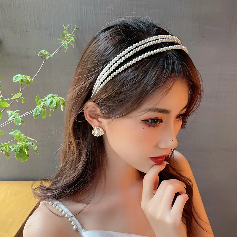 Three layer White Pearl Headbands for Women Handmade Wave  display picture 2