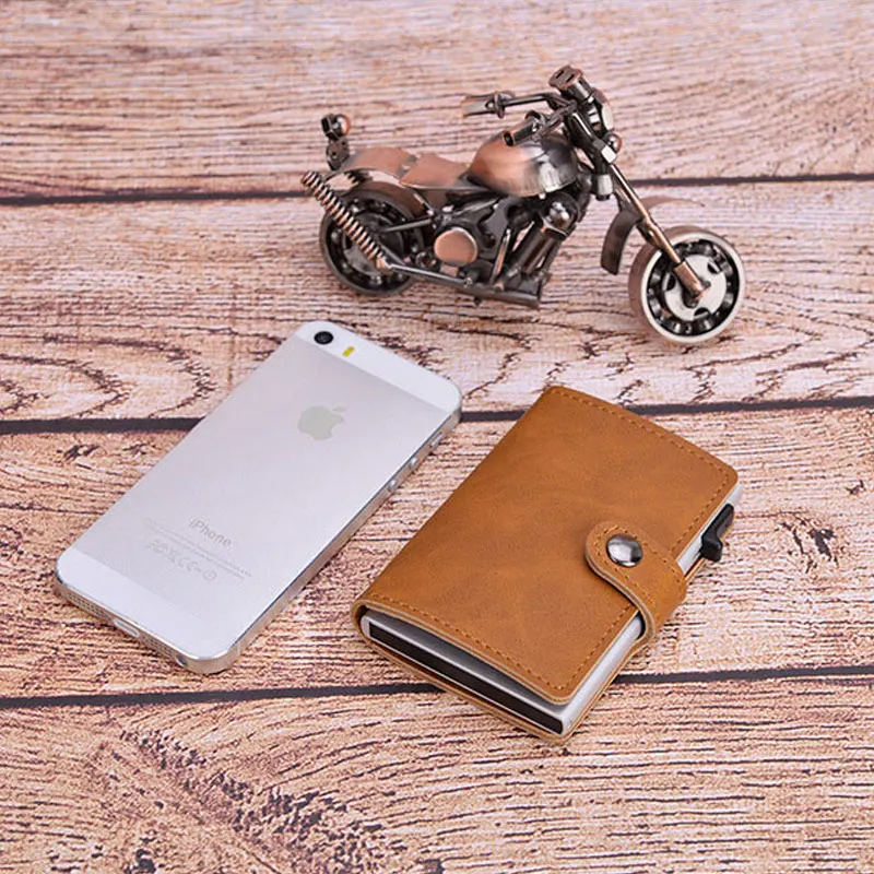 Blocking Vintage Men Credit Card Holder Aluminum Alloy Business ID Card Case Automatic Male Metal Leather Cardholder Wallet 2021
