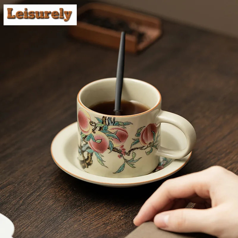 180ml Antique Ru Kiln Nine Peach Coffee Cup Ladies' Exclusive Afternoon Tea Mug Office Work Mug Cup Saucer Cappuccino Latte Cup