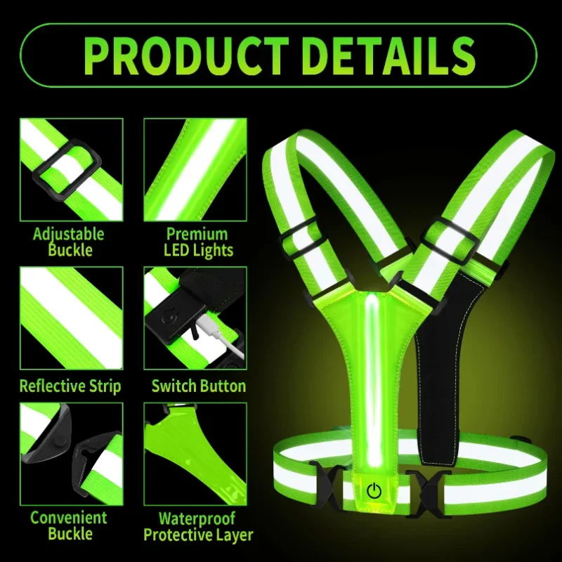 LED 러닝 조끼 USB 충전식 반사 발광 스트랩 높은 가시성 야간 러닝 라이딩 의류 탄성 밴드
