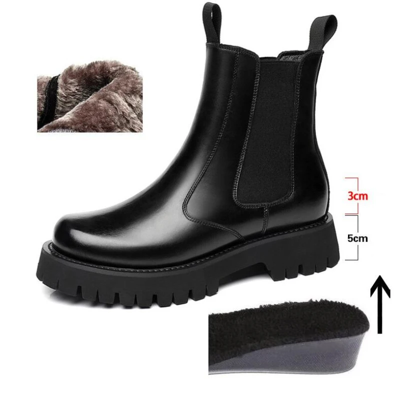 Winter Men Chelsea Rubber Boot Invisible Heel Lifted Boots Leather Platform Boots Height Increasing