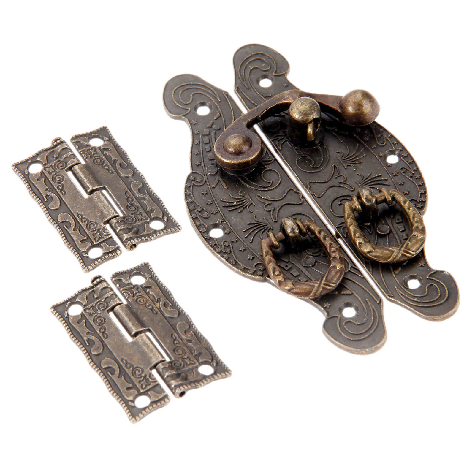 3Pcs/set Furniture Fittings Antique Bronze Cabinet Hinges w/Jewelry Wooden Box Case Toggle Hasp Latch Furniture Vintage Hardware