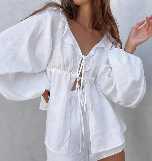 

Two Piece Set Women Outfit 2023 Summer Fashion Lantern Sleeve Ruffled V Neck Long Sleeve Tie Top & Casual High Waist Shorts Set